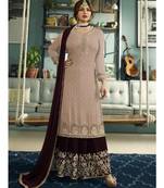 brown embroidered faux georgette semi stitched salwar with dupatta