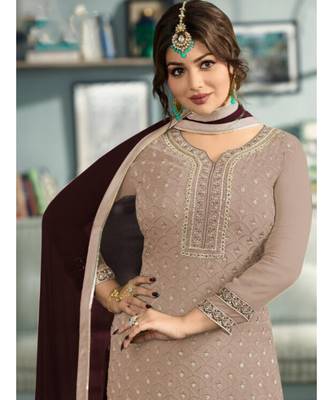 brown embroidered faux georgette semi stitched salwar with dupatta 2
