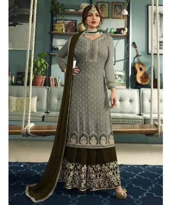green embroidered faux georgette semi stitched salwar with dupatta 1