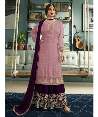 purple embroidered faux georgette semi stitched salwar with dupatta 1