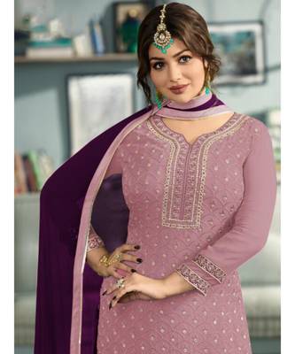 purple embroidered faux georgette semi stitched salwar with dupatta 2