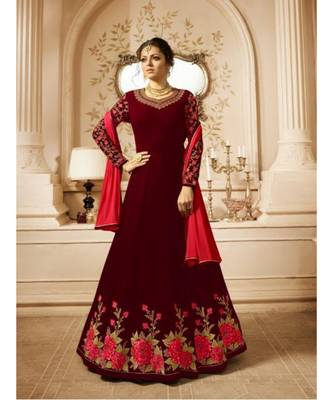 red embroidered georgette semi stitched salwar with dupatta 1
