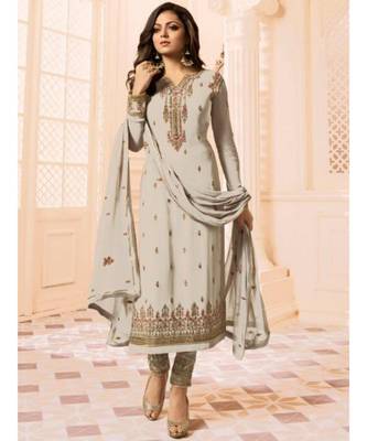 beige embroidered faux georgette semi stitched salwar with dupatta 1