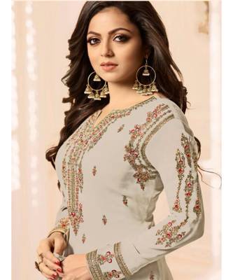 beige embroidered faux georgette semi stitched salwar with dupatta 2