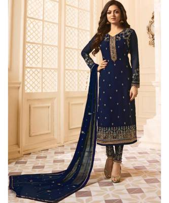 blue embroidered faux georgette semi stitched salwar with dupatta 1