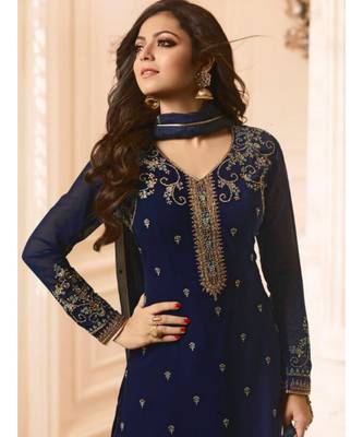 blue embroidered faux georgette semi stitched salwar with dupatta 2