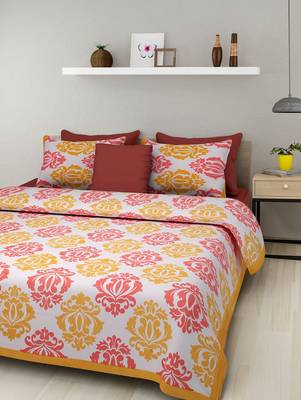 Dreamy Zone Musturd & Red Cotton Double Bedsheet with Pillow Cover 1