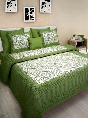 Dreamy Zone White & Green Cotton Double Bedsheet with Pillow Cover 1