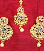 Gold Pearl Drop Chand Bali Earrings with Maang Tikka