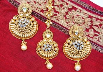 Gold Pearl Drop Chand Bali Earrings with Maang Tikka 1