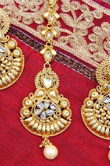 Gold Pearl Drop Chand Bali Earrings with Maang Tikka