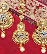 Gold Pearl Drop Chand Bali Earrings with Maang Tikka