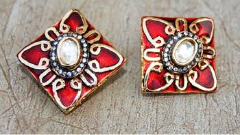 Uncut Diamond Studded Gold Red Enamel Stud Earrings 1