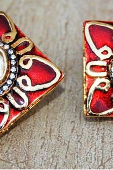 Uncut Diamond Studded Gold Red Enamel Stud Earrings