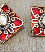 Uncut Diamond Studded Gold Red Enamel Stud Earrings