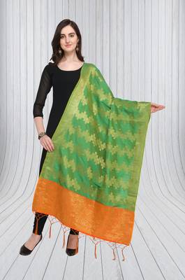 Green Banarasi silk blend Zari Woven Dupatta With Tussels 1