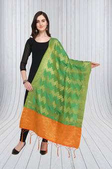 Green Banarasi silk blend Zari Woven Dupatta With Tussels