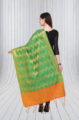 Green Banarasi silk blend Zari Woven Dupatta With Tussels 2