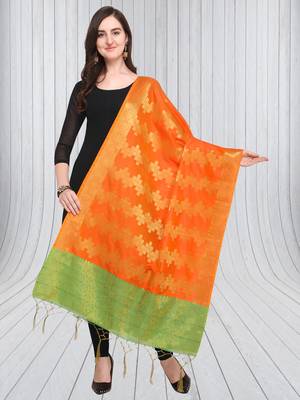 Orange Banarasi silk blend Zari Woven Dupatta With Tussels 1