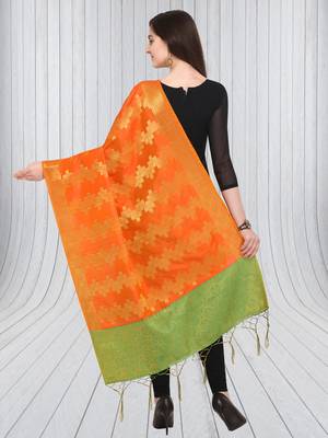 Orange Banarasi silk blend Zari Woven Dupatta With Tussels 2