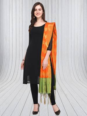 Orange Banarasi silk blend Zari Woven Dupatta With Tussels 4