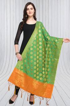 Green Banarasi silk blend Zari Woven Dupatta With Tussels