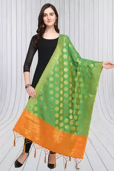 Green Banarasi silk blend Zari Woven Dupatta With Tussels