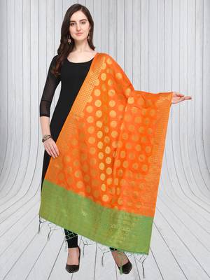 Orange Banarasi silk blend Zari Woven Dupatta With Tussels 1