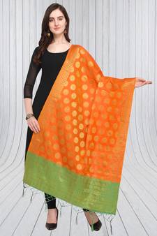 Orange Banarasi silk blend Zari Woven Dupatta With Tussels