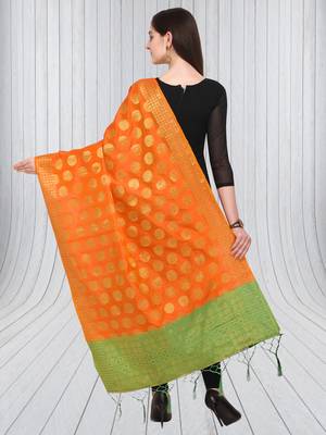 Orange Banarasi silk blend Zari Woven Dupatta With Tussels 2