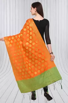 Orange Banarasi silk blend Zari Woven Dupatta With Tussels
