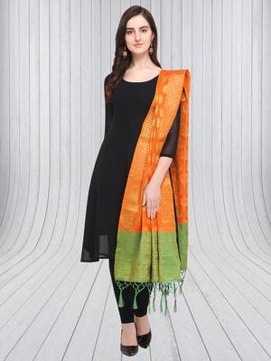 Orange Banarasi silk blend Zari Woven Dupatta With Tussels 4