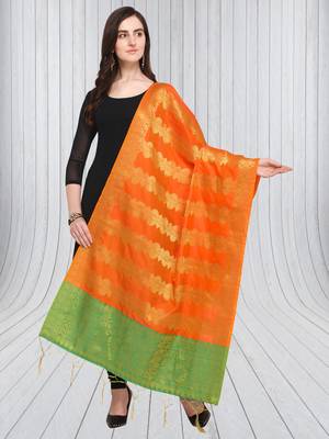 Orange Banarasi silk blend Zari Woven Dupatta With Tussels 1