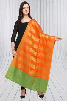 Orange Banarasi silk blend Zari Woven Dupatta With Tussels
