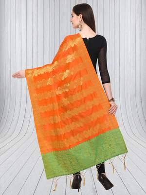 Orange Banarasi silk blend Zari Woven Dupatta With Tussels 2
