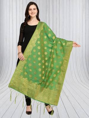 Green Banarasi Silk Zari Woven Dupatta With Tussels 1