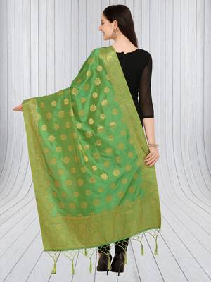 Green Banarasi Silk Zari Woven Dupatta With Tussels 2