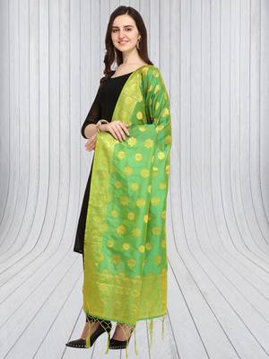 Green Banarasi Silk Zari Woven Dupatta With Tussels 3