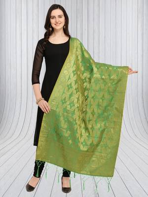 Green Banarasi Silk Zari Woven Dupatta With Tussels 1
