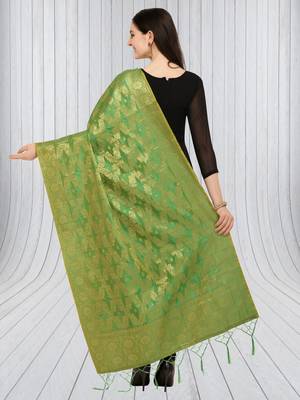 Green Banarasi Silk Zari Woven Dupatta With Tussels 2