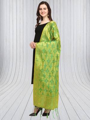 Green Banarasi Silk Zari Woven Dupatta With Tussels 3