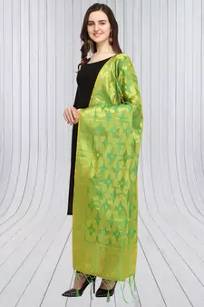 Green Banarasi Silk Zari Woven Dupatta With Tussels