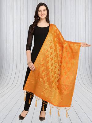Orange Banarasi Silk Zari Woven Dupatta With Tussels 1