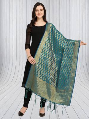 Blue Banarasi silk blend Zari Woven Dupatta With Tussels 1