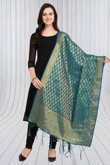 Blue Banarasi silk blend Zari Woven Dupatta With Tussels