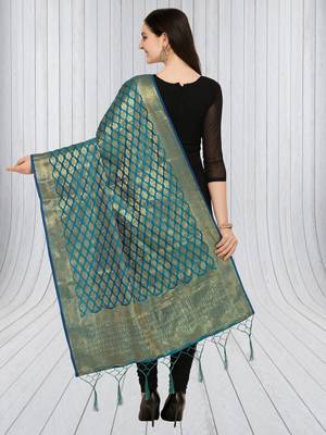 Blue Banarasi silk blend Zari Woven Dupatta With Tussels 2