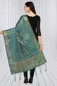 Blue Banarasi silk blend Zari Woven Dupatta With Tussels
