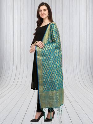 Blue Banarasi silk blend Zari Woven Dupatta With Tussels 3