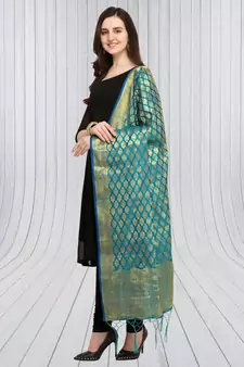 Blue Banarasi silk blend Zari Woven Dupatta With Tussels