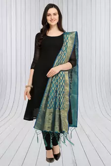 Blue Banarasi silk blend Zari Woven Dupatta With Tussels